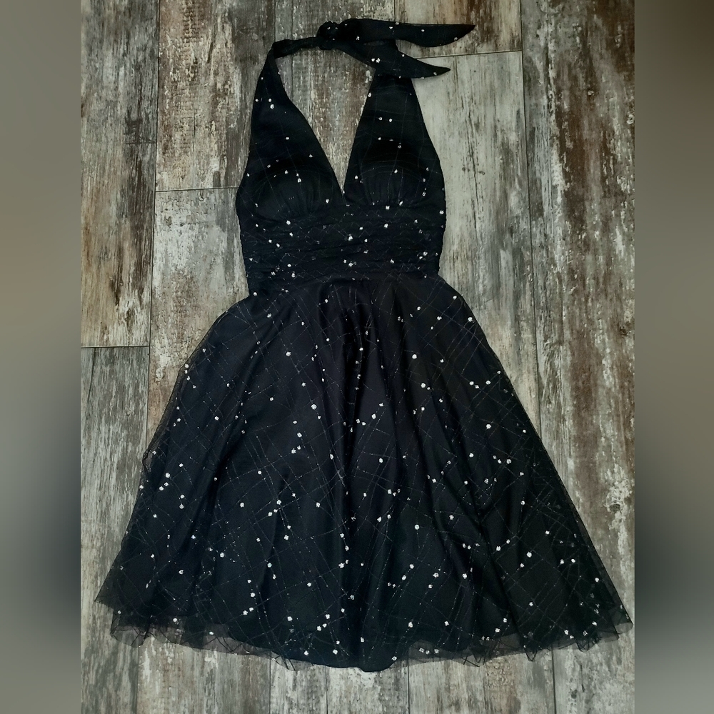 Adrianna Papell Black Tulle Sparkling Confetti Halter Dress Size 4 Goth Princess